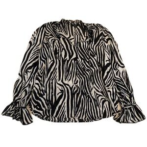 HAVER. London Zebra Print Ruffle Blouse Tie Cuffs Size L/G